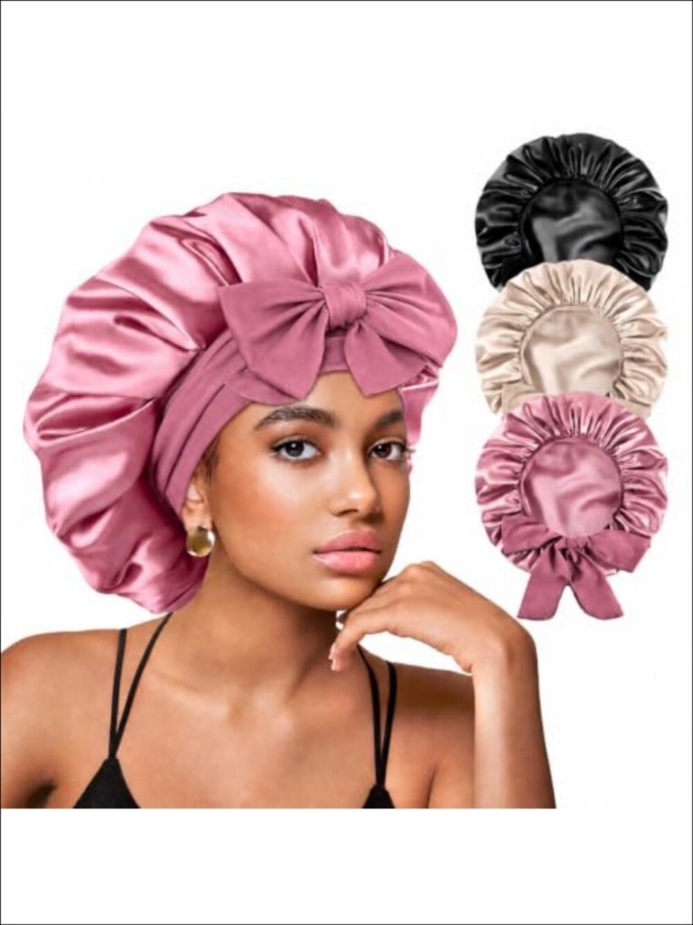 3 Pc Adjustable Satin Bonnet Set Double Layer Satin Lined Hair Sleep Cap Tie
